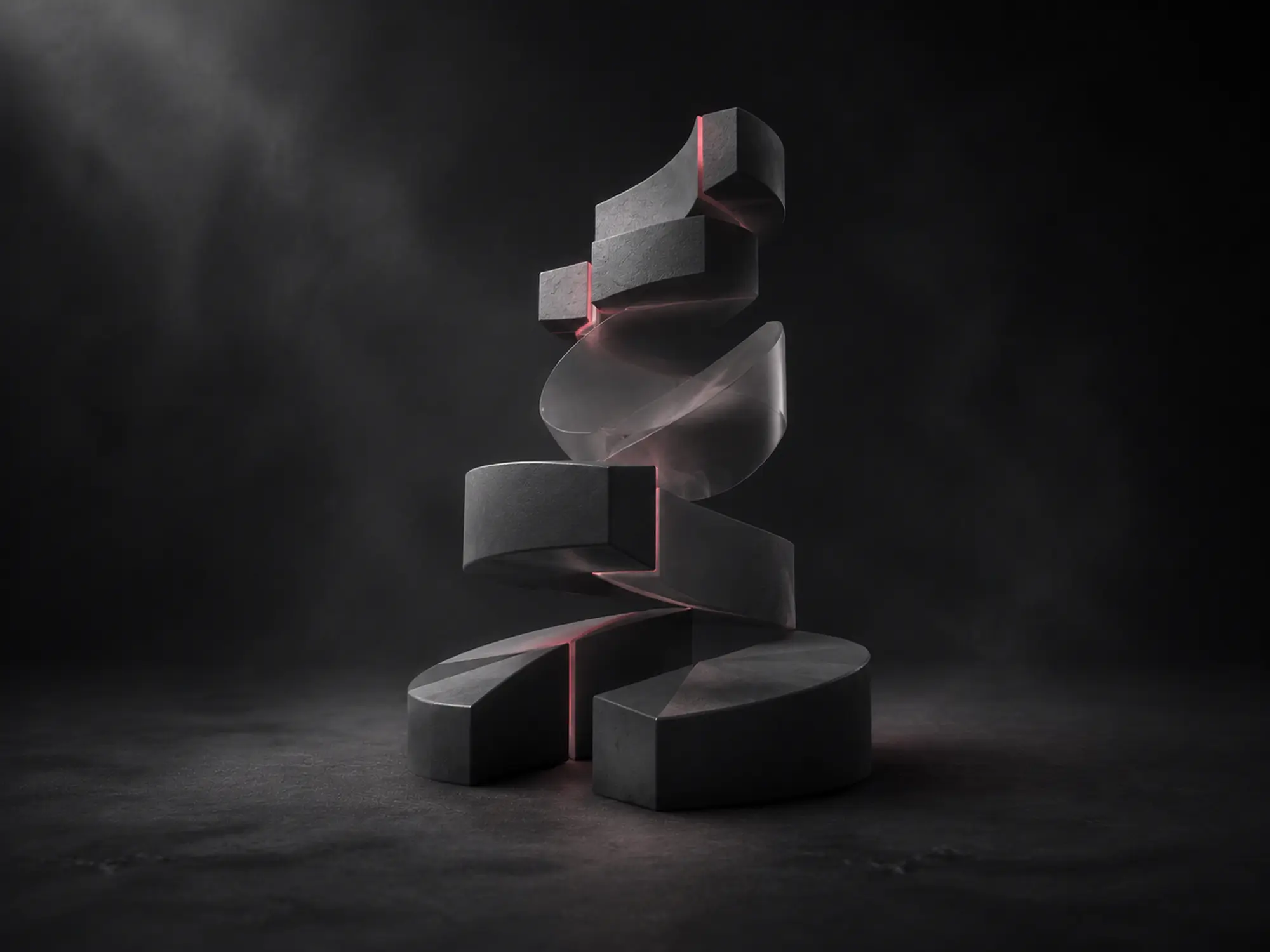 Abstract dark sculptural form with a coral-pink glow, representing music production development.