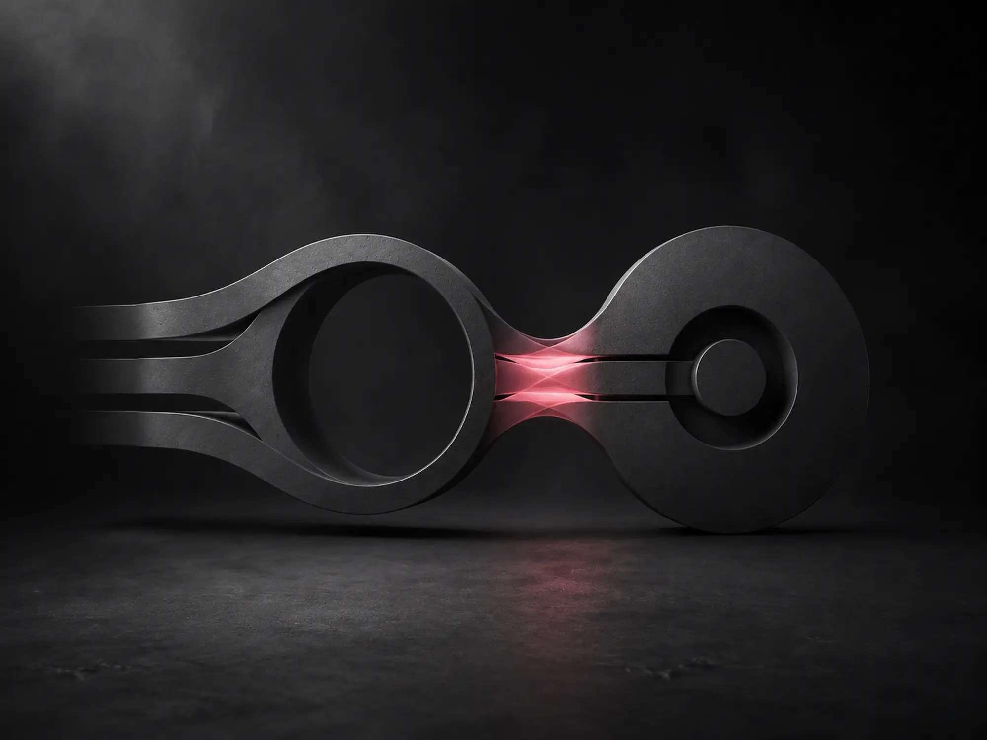 Two abstract dark sculptural forms connected by coral-pink light, representing mixing and mastering as one line.