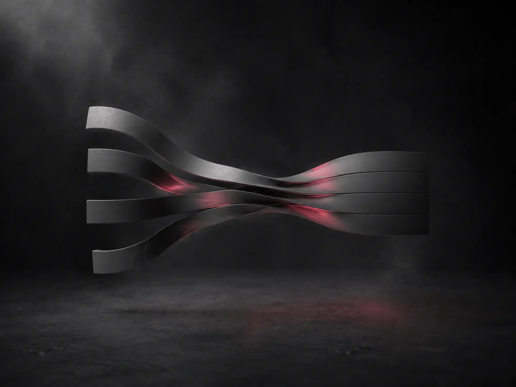 Dark abstract sculptural form with coral light passing through layered surfaces, representing mixing.